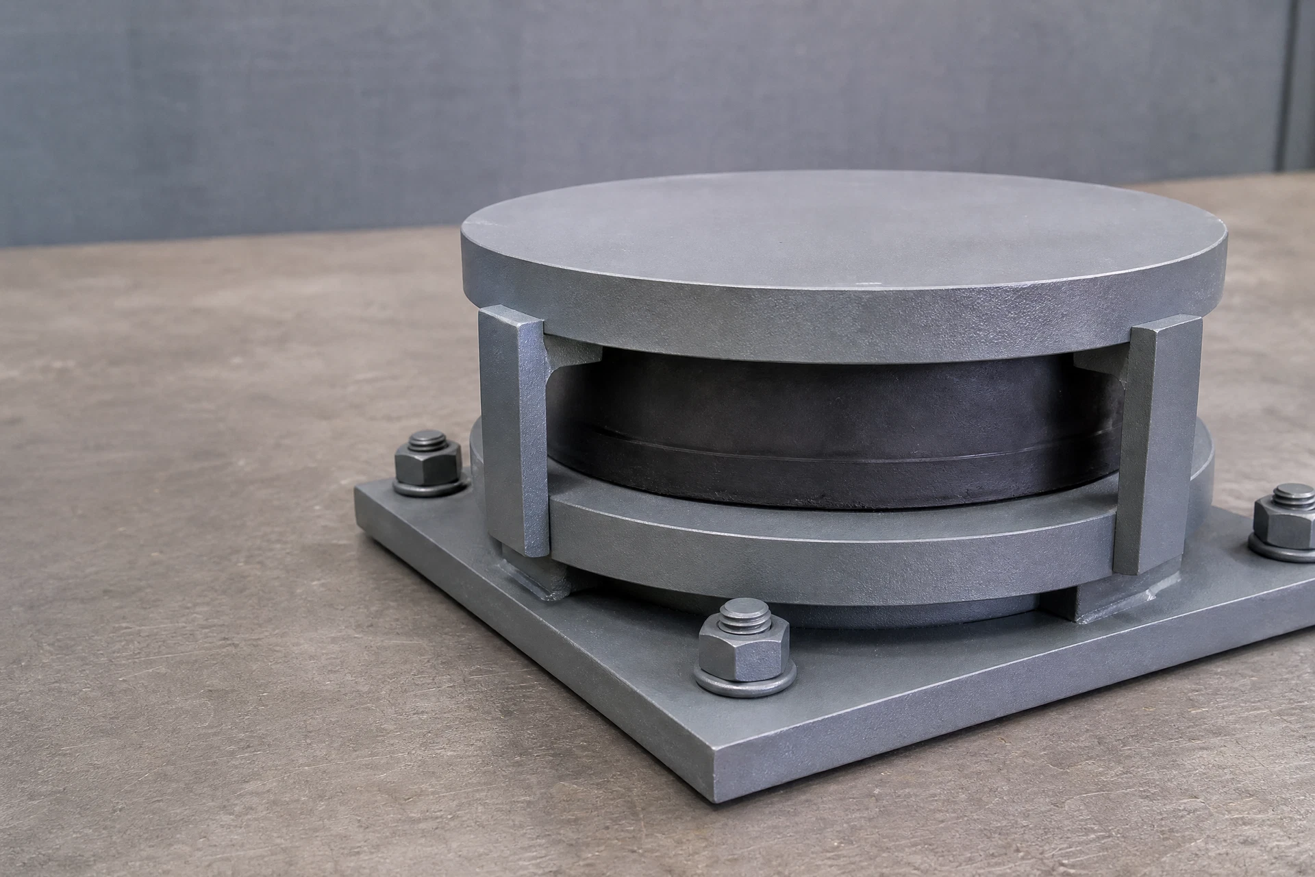 Disc bridge bearing assembly with steel plates and elastomer core