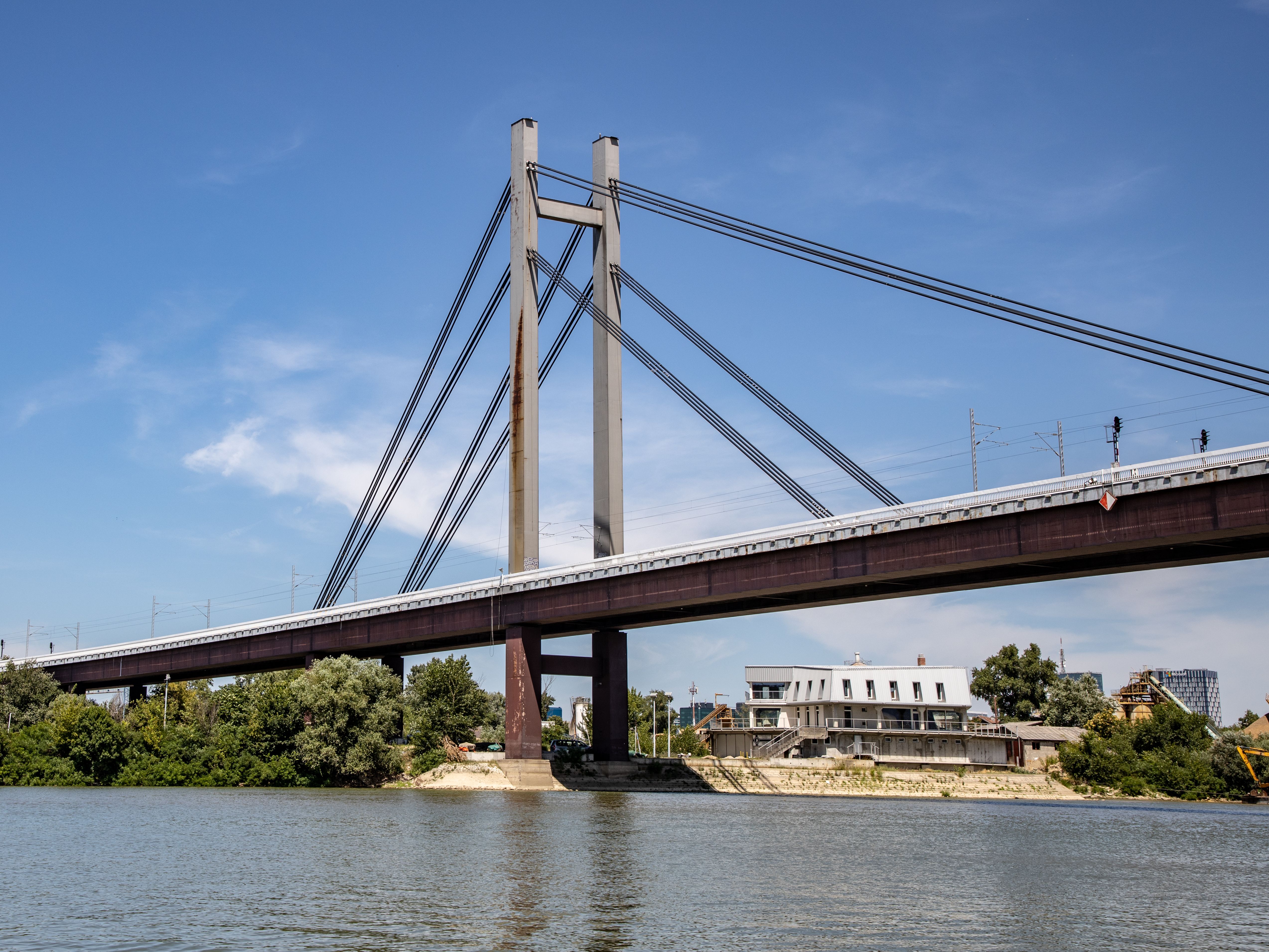 Modern cable-stayed railway bridge over water