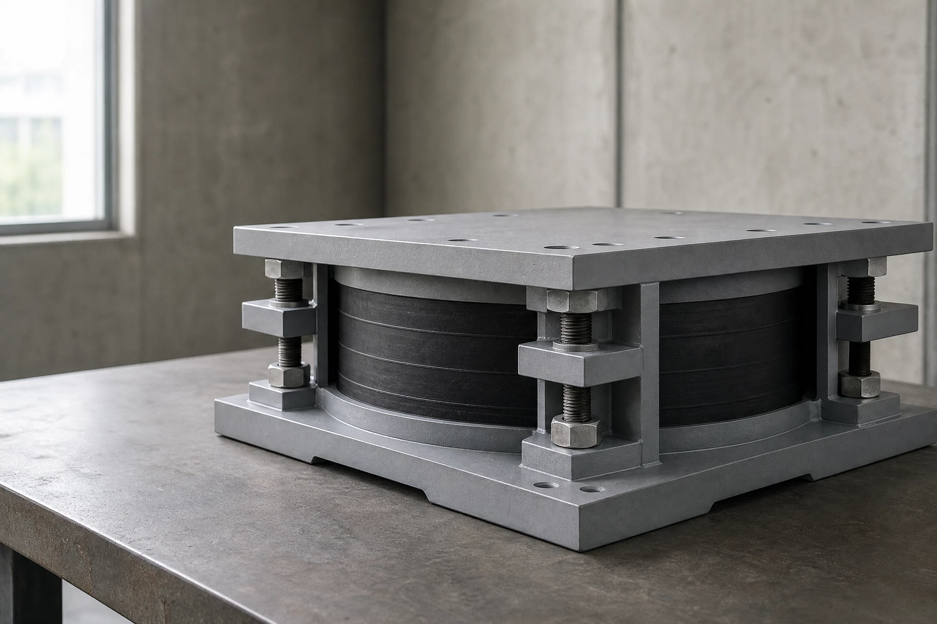 Seismic isolation bridge bearing assembly on a workshop bench